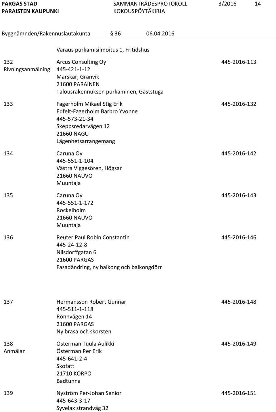 Edfelt-Fagerholm Barbro Yvonne 445-573-21-34 Skeppsredarvägen 12 21660 NAGU Lägenhetsarrangemang 134 Caruna Oy 445-551-1-104 Västra Viggesören, Högsar 21660 NAUVO Muuntaja 135 Caruna Oy 445-551-1-172