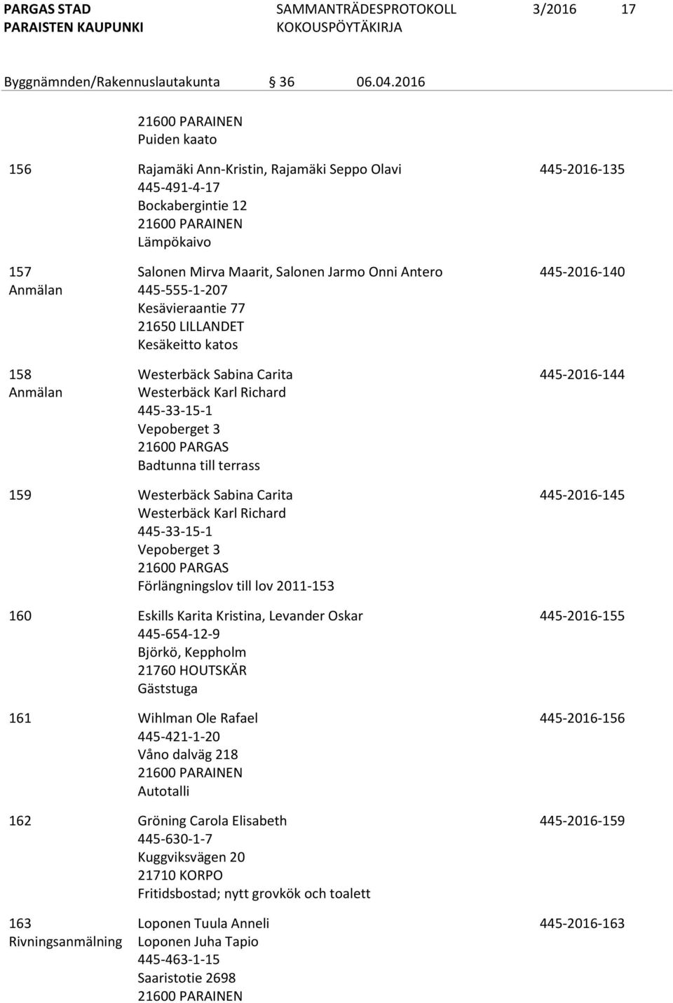 445-555-1-207 Kesävieraantie 77 21650 LILLANDET Kesäkeitto katos Westerbäck Sabina Carita Westerbäck Karl Richard 445-33-15-1 Vepoberget 3 Badtunna till terrass 445-2016-140 445-2016-144 159