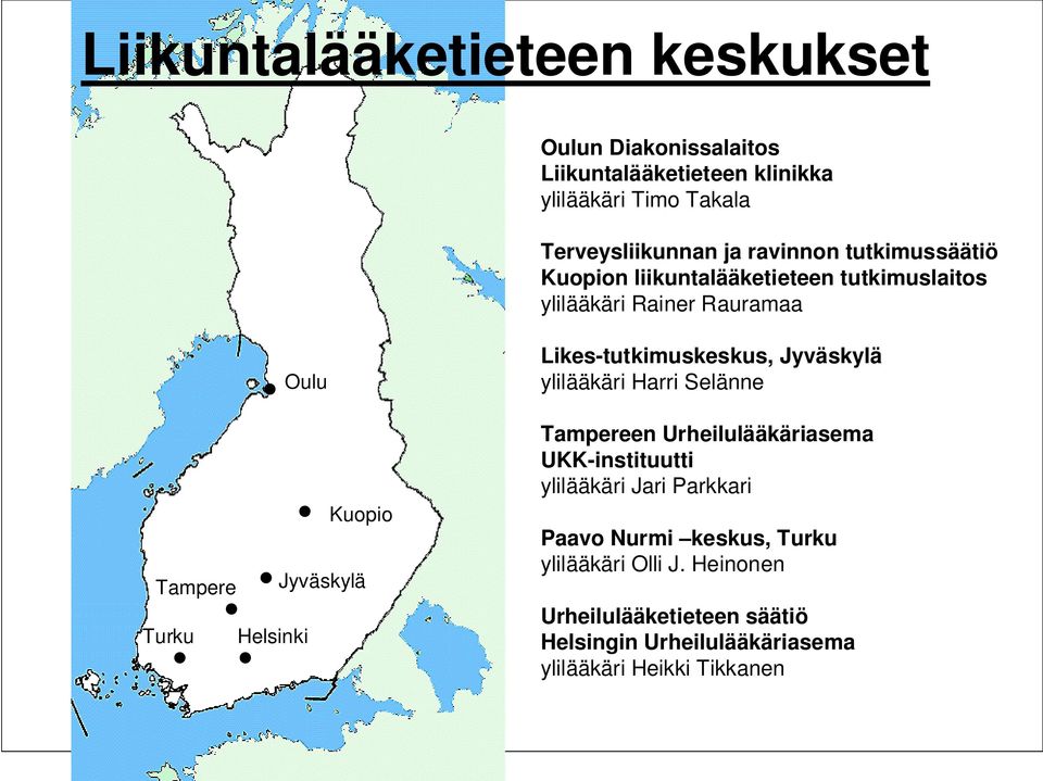 Jyväskylä Likes-tutkimuskeskus, Jyväskylä ylilääkäri Harri Selänne Tampereen Urheilulääkäriasema UKK-instituutti ylilääkäri Jari