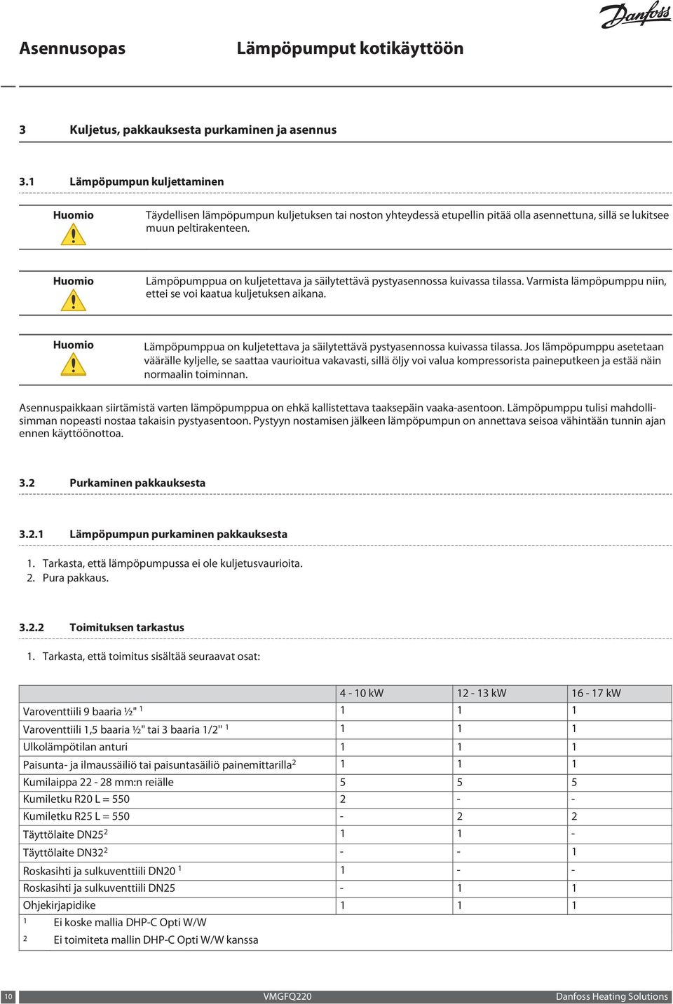 Lämpöpumppua on kuljetettava ja säilytettävä pystyasennossa kuivassa tilassa. Varmista lämpöpumppu niin, ettei se voi kaatua kuljetuksen aikana.