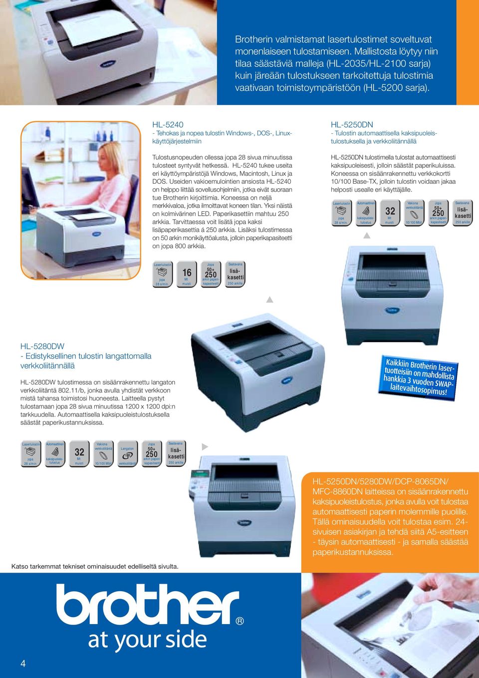 HL-5240 - Tehokas ja nopea tulostin Windows-, DOS-, Linuxkäyttöjärjestelmiin Tulostusnopeuden ollessa 28 sivua minuutissa tulosteet syntyvät hetkessä.