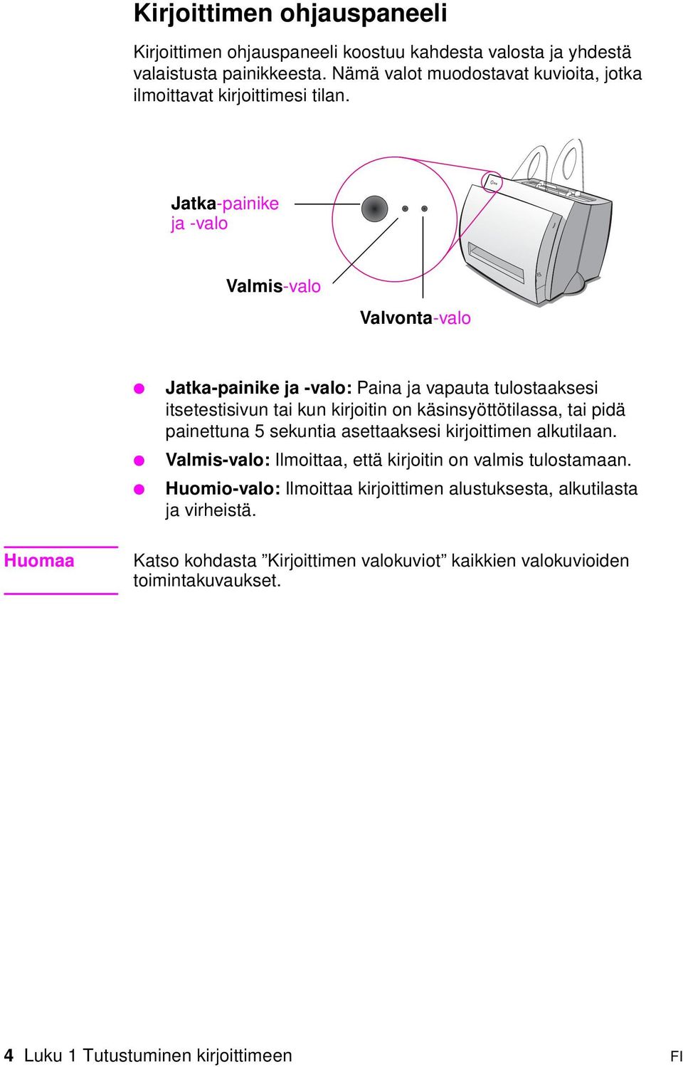 Jatka-painike ja -valo Valmis-valo Valvonta-valo Jatka-painike ja -valo: Paina ja vapauta tulostaaksesi itsetestisivun tai kun kirjoitin on käsinsyöttötilassa, tai pidä