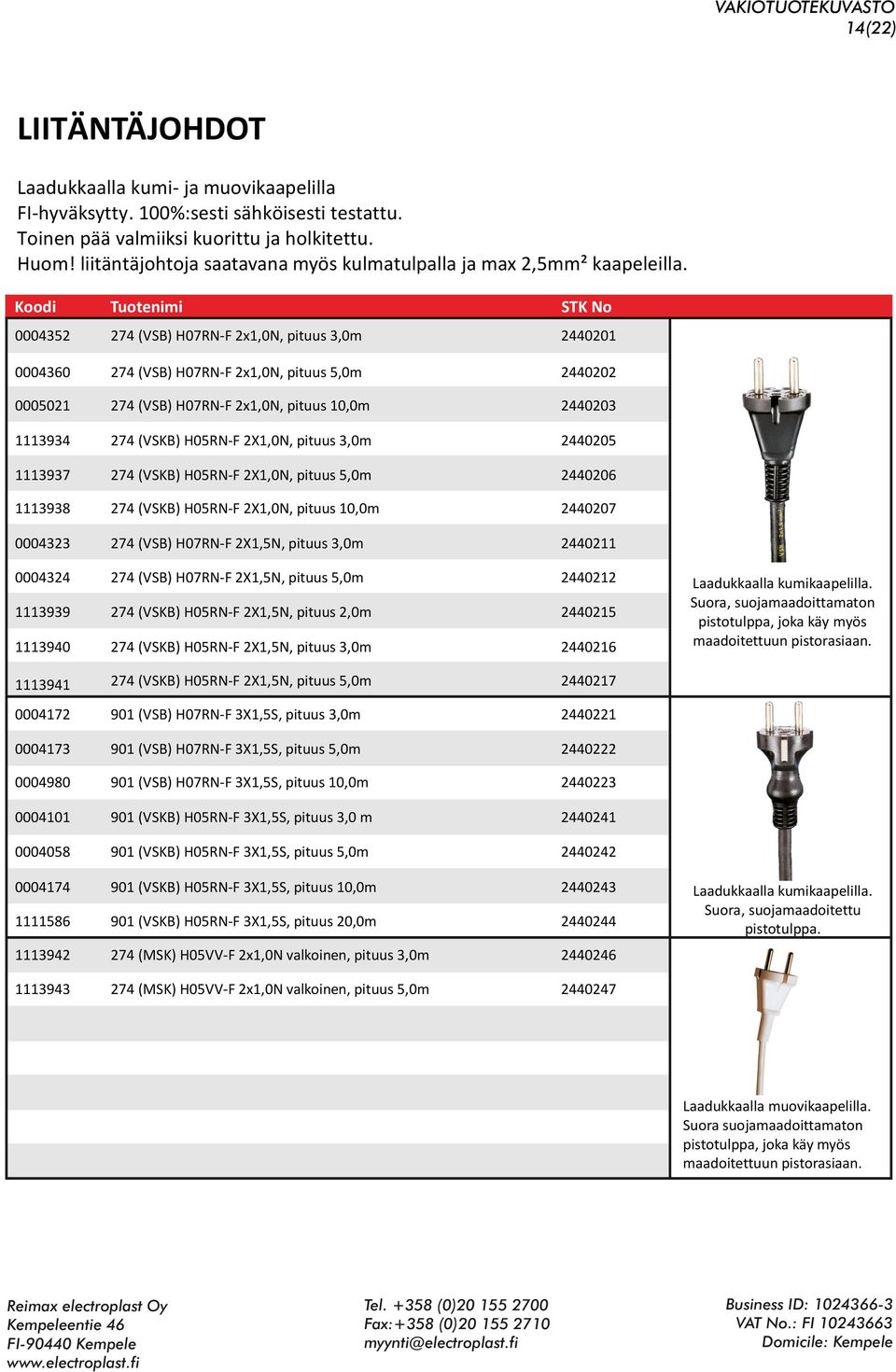 0004352 274 (VSB) H07RN-F 2x1,0N, pituus 3,0m 2440201 0004360 274 (VSB) H07RN-F 2x1,0N, pituus 5,0m 2440202 0005021 274 (VSB) H07RN-F 2x1,0N, pituus 10,0m 2440203 1113934 274 (VSKB) H05RN-F 2X1,0N,