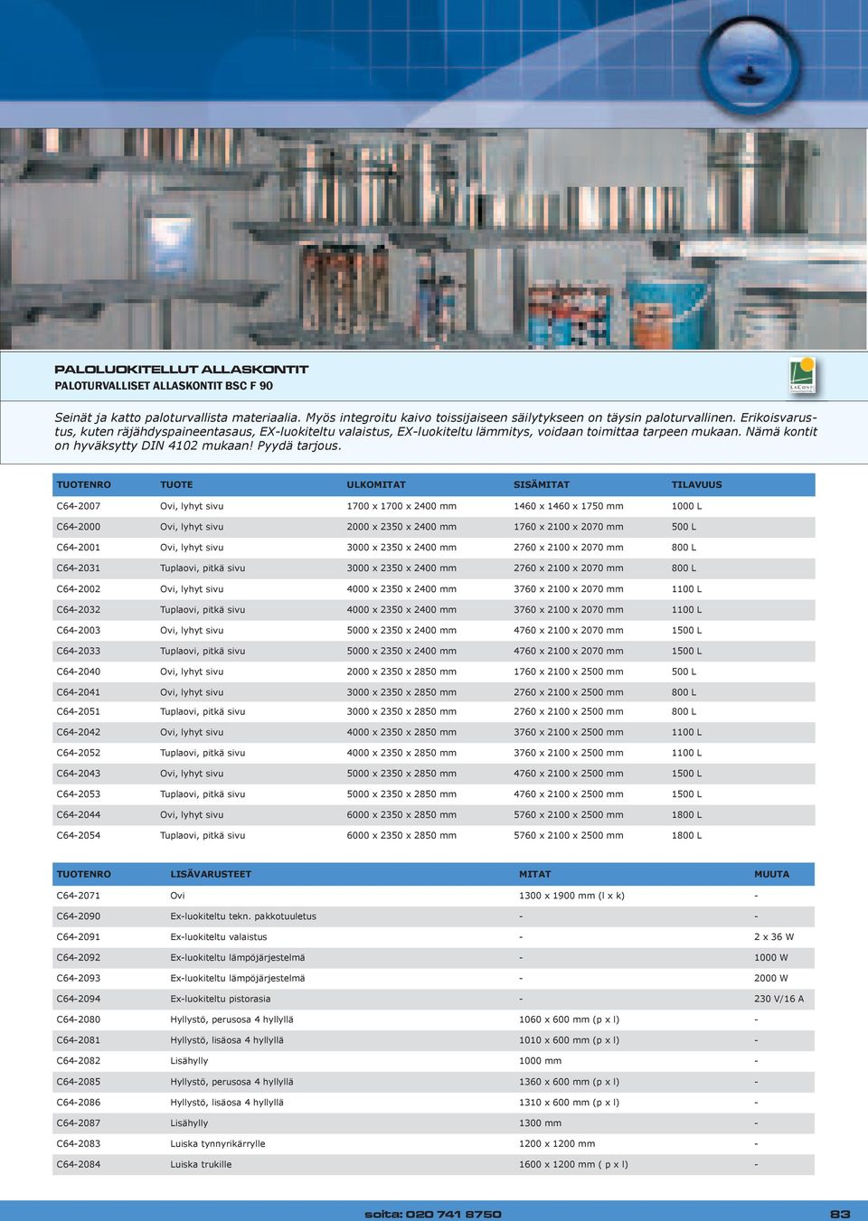 TUOTENRO TUOTE ULKOMITAT SISäMITAT TILAVUUS C64-2007 Ovi, lyhyt sivu 1700 x 1700 x 2400 mm 1460 x 1460 x 1750 mm 1000 L C64-2000 Ovi, lyhyt sivu 2000 x 2350 x 2400 mm 1760 x 2100 x 2070 mm 500 L