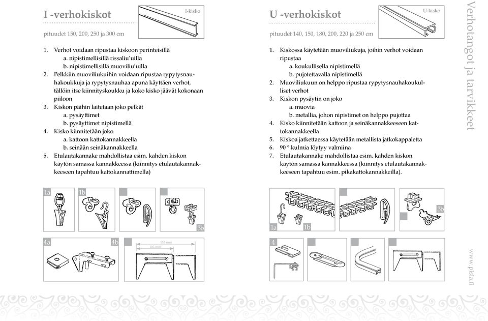 Pelkkiin muoviliukuihin voidaan ripustaa rypytysnauhakoukkuja ja rypytysnauhaa apuna käyttäen verhot, tällöin itse kiinnityskoukku ja koko kisko jäävät kokonaan piiloon 3.