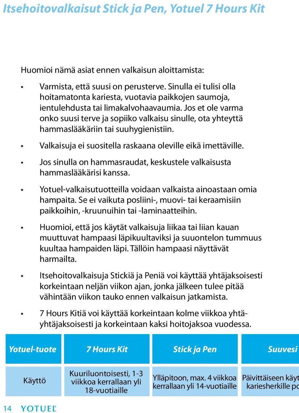 Jos et ole varma onko suusi terve ja sopiiko valkaisu sinulle, ota yhteyttä hammaslääkäriin tai suuhygienistiin. Valkaisuja ei suositella raskaana oleville eikä imettäville.