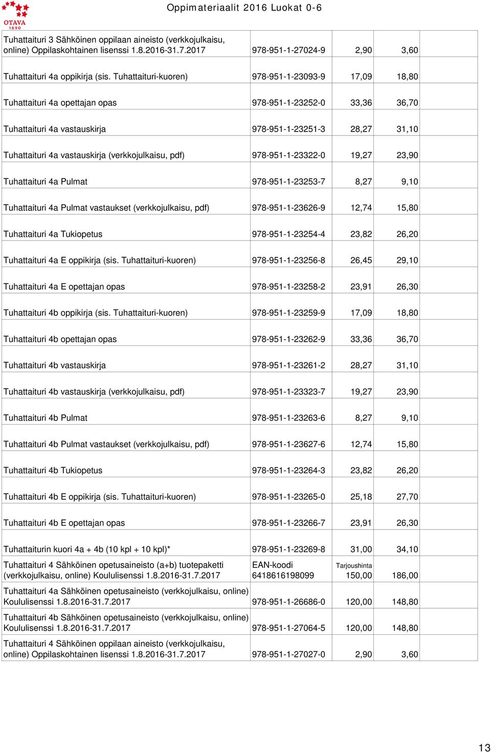 (verkkojulkaisu, pdf) 978-951-1-23322-0 19,27 23,90 Tuhattaituri 4a Pulmat 978-951-1-23253-7 8,27 9,10 Tuhattaituri 4a Pulmat vastaukset (verkkojulkaisu, pdf) 978-951-1-23626-9 12,74 15,80