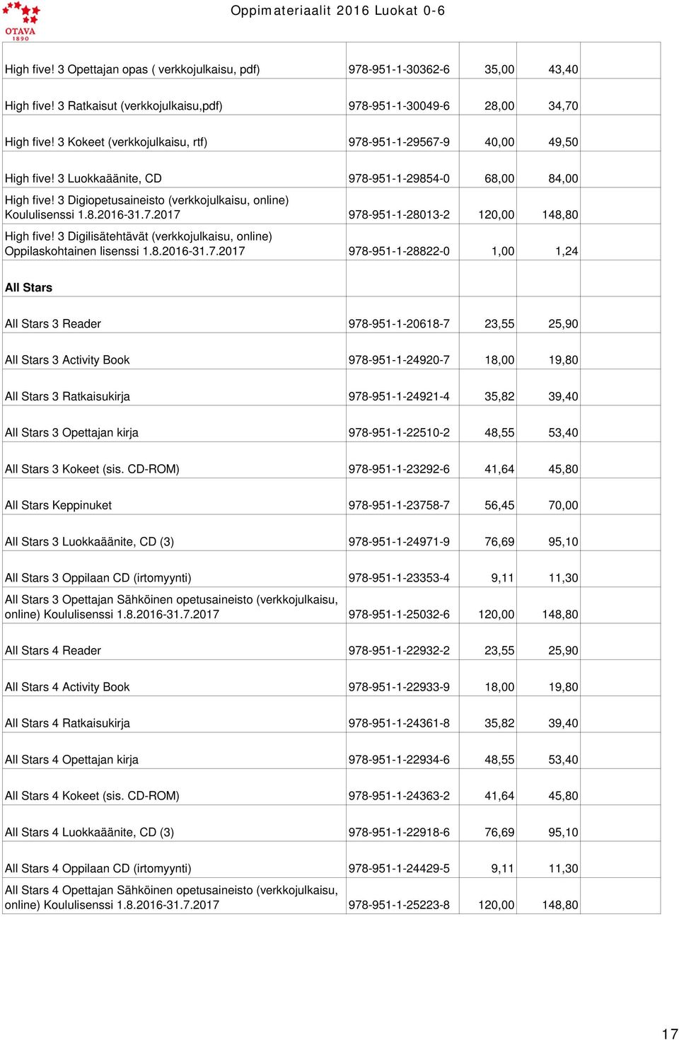 7.2017 978-951-1-28013-2 120,00 148,80 High five! 3 Digilisätehtävät (verkkojulkaisu, online) Oppilaskohtainen lisenssi 1.8.2016-31.7.2017 978-951-1-28822-0 1,00 1,24 All Stars All Stars 3 Reader