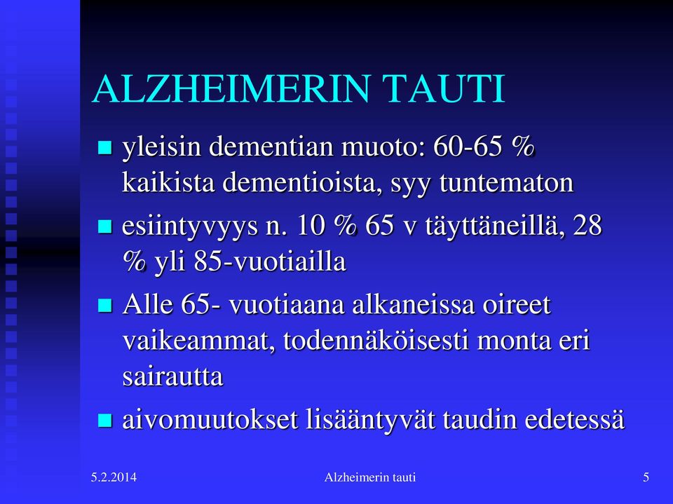 10 % 65 v täyttäneillä, 28 % yli 85-vuotiailla Alle 65- vuotiaana alkaneissa