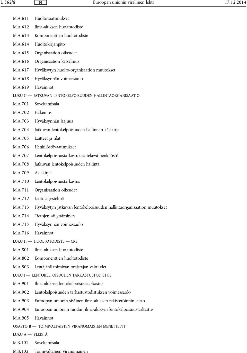 A.704 Jatkuvan lentokelpoisuuden hallinnan käsikirja M.A.705 Laitteet ja tilat M.A.706 Henkilöstövaatimukset M.A.707 Lentokelpoisuustarkastuksia tekevä henkilöstö M.A.708 Jatkuvan lentokelpoisuuden hallinta M.