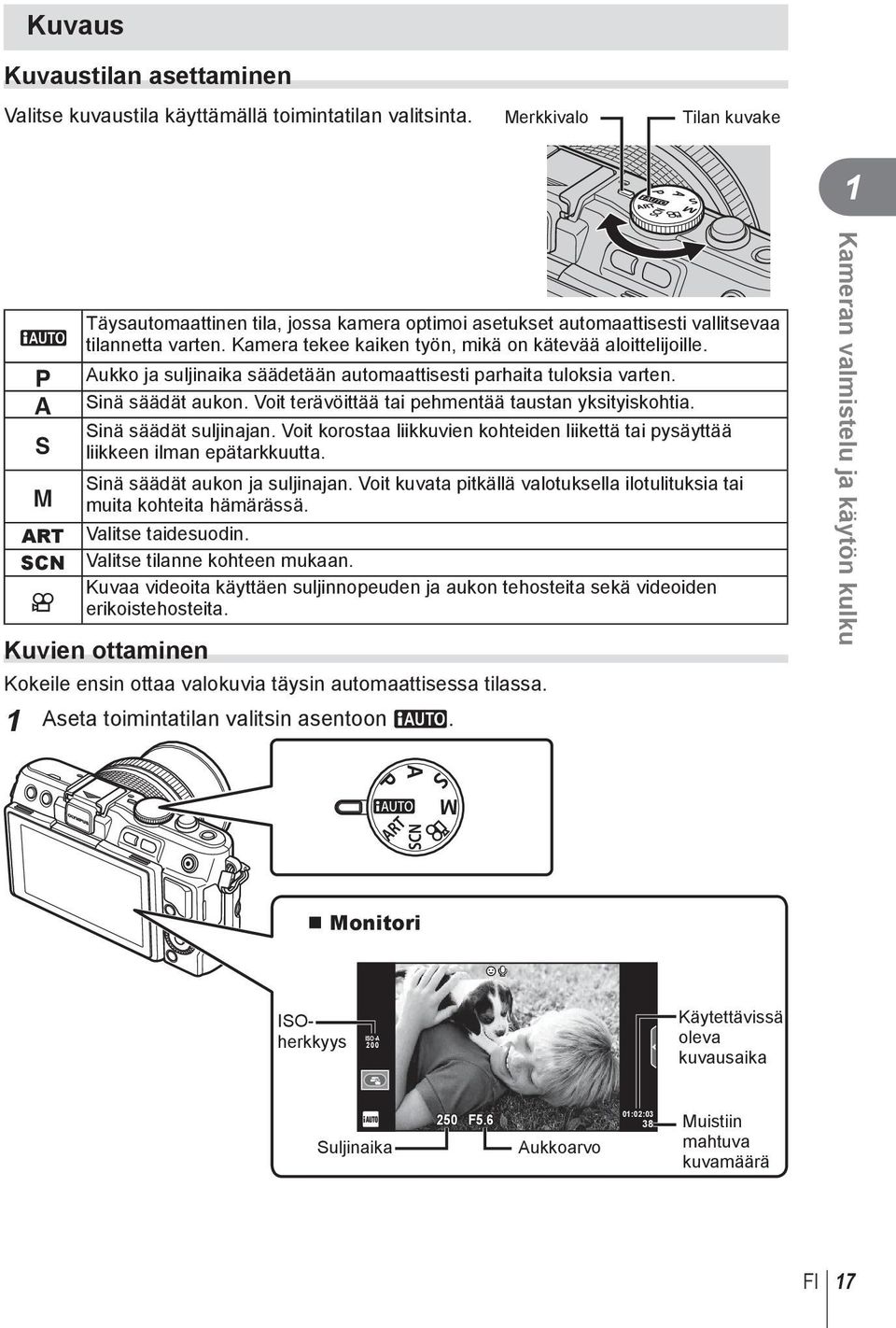 Kamera tekee kaiken työn, mikä on kätevää aloittelijoille. Aukko ja suljinaika säädetään automaattisesti parhaita tuloksia varten. Sinä säädät aukon.
