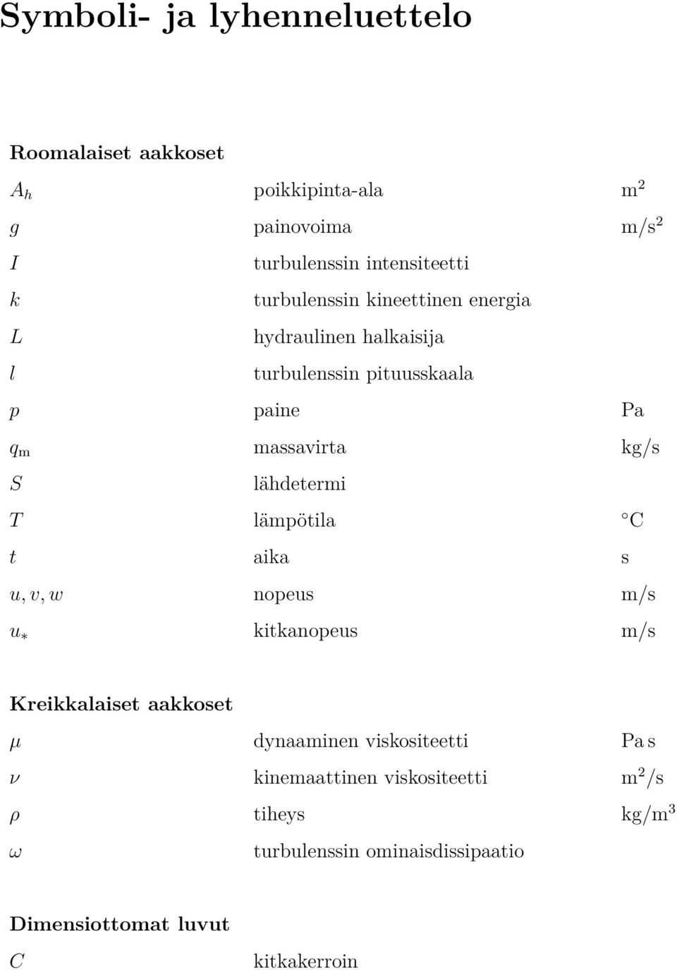 lähdetermi T lämpötila C t aika s u, v, w nopeus m/s u kitkanopeus m/s Kreikkalaiset aakkoset µ dynaaminen viskositeetti