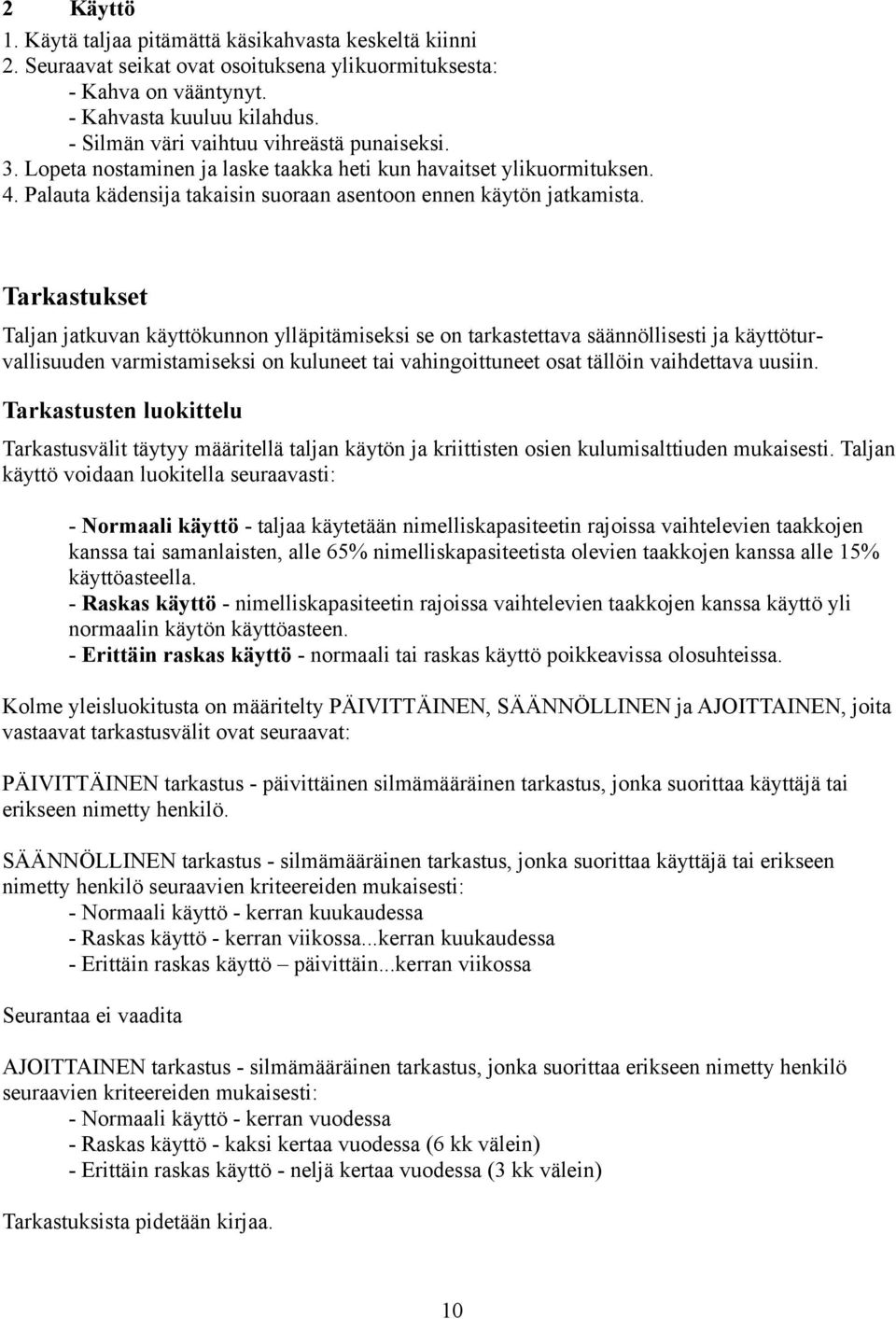 Tarkastukset Taljan jatkuvan käyttökunnon ylläpitämiseksi se on tarkastettava säännöllisesti ja käyttöturvallisuuden varmistamiseksi on kuluneet tai vahingoittuneet osat tällöin vaihdettava uusiin.