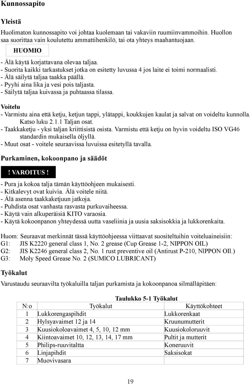 - Pyyhi aina lika ja vesi pois taljasta. - Säilytä taljaa kuivassa ja puhtaassa tilassa. Voitelu - Varmistu aina että ketju, ketjun tappi, ylätappi, koukkujen kaulat ja salvat on voideltu kunnolla.