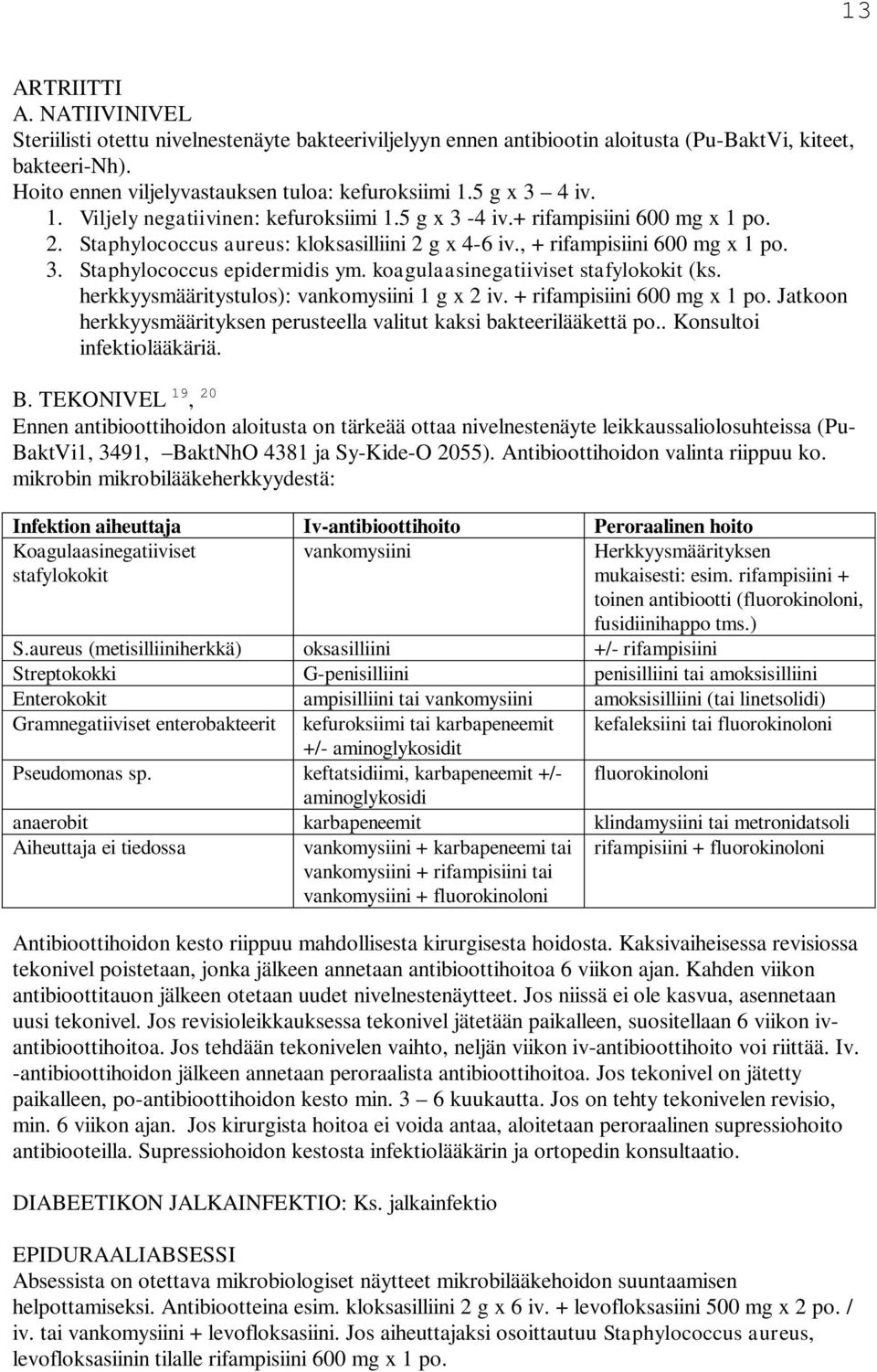 koagulaasinegatiiviset stafylokokit (ks. herkkyysmääritystulos): vankomysiini 1 g x 2 iv. + rifampisiini 600 mg x 1 po. Jatkoon herkkyysmäärityksen perusteella valitut kaksi bakteerilääkettä po.