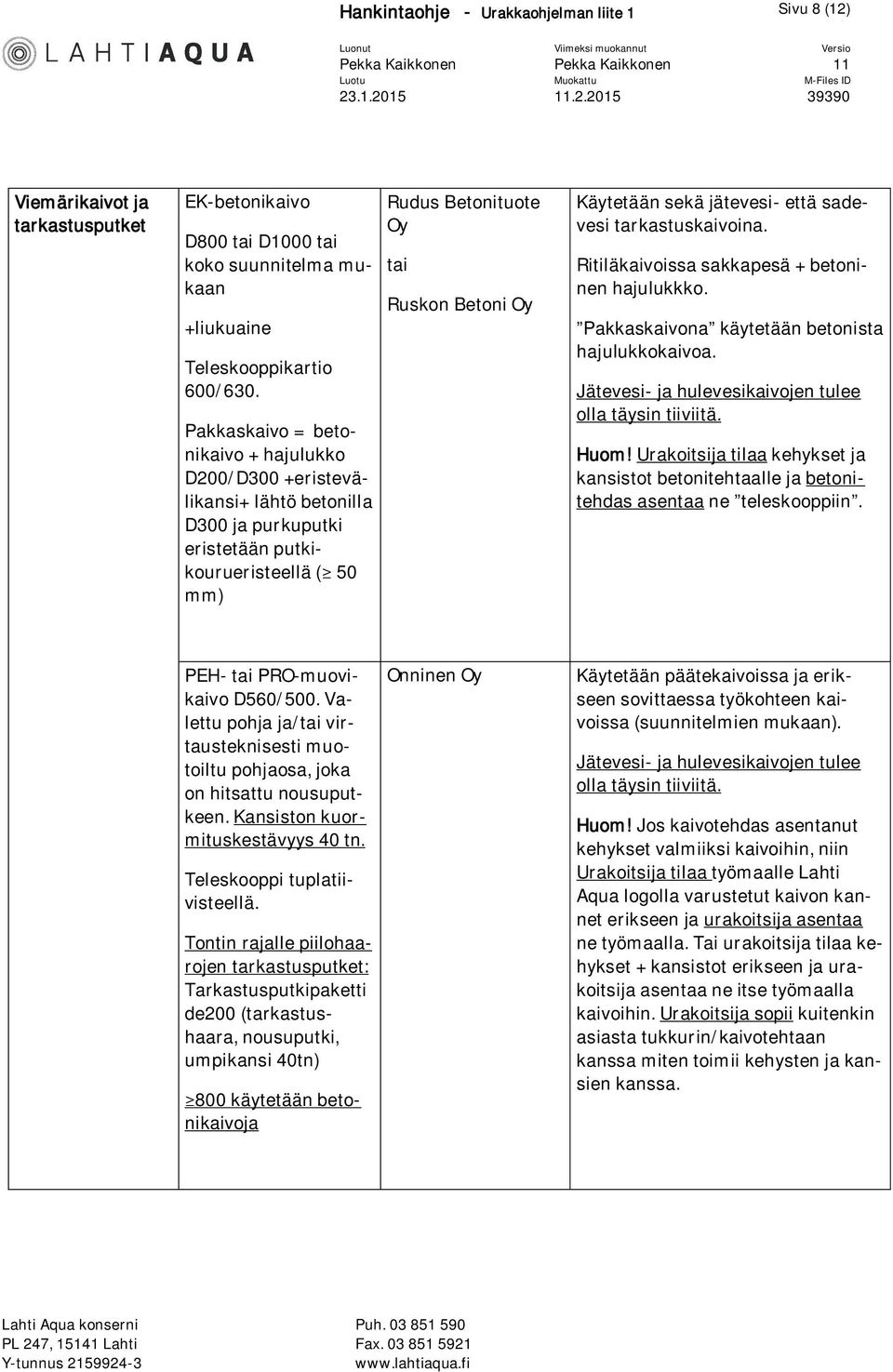 jätevesi- että sadevesi tarkastuskaivoina. Ritiläkaivoissa sakkapesä + betoninen hajulukkko. Pakkaskaivona käytetään betonista hajulukkokaivoa.