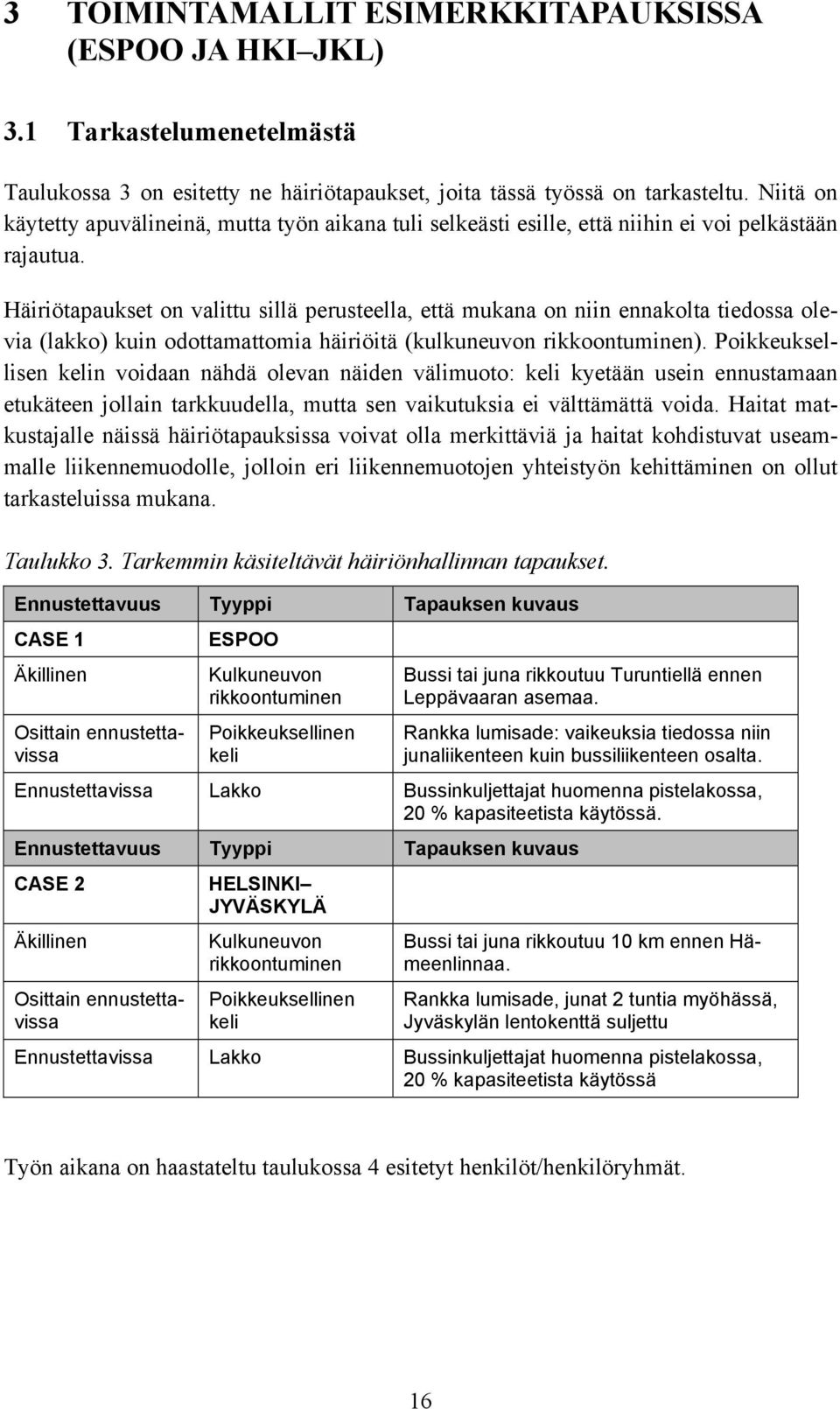 Häiriötapaukset on valittu sillä perusteella, että mukana on niin ennakolta tiedossa olevia (lakko) kuin odottamattomia häiriöitä (kulkuneuvon rikkoontuminen).