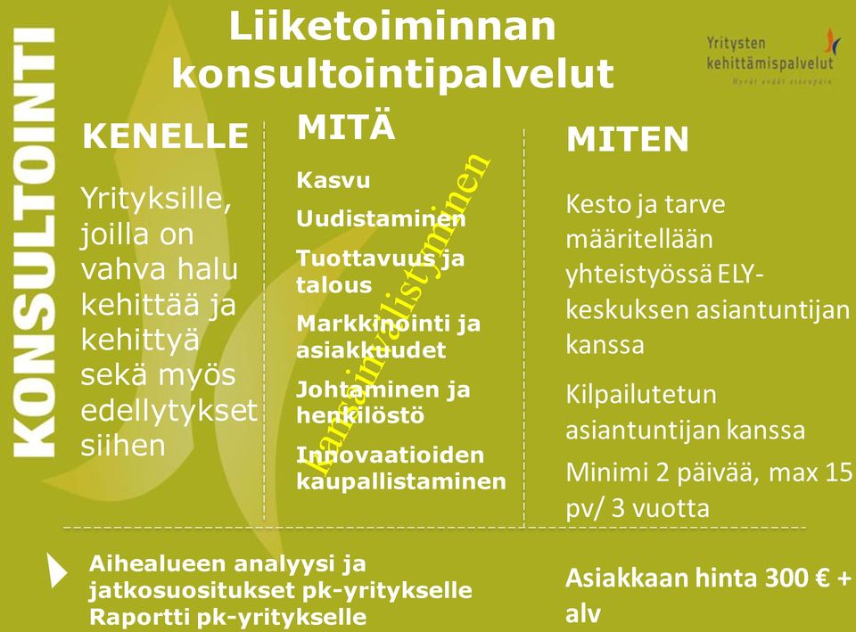 kaupallistaminen MITEN Kesto ja tarve määritellään yhteistyössä ELYkeskuksen asiantuntijan kanssa Kilpailutetun asiantuntijan