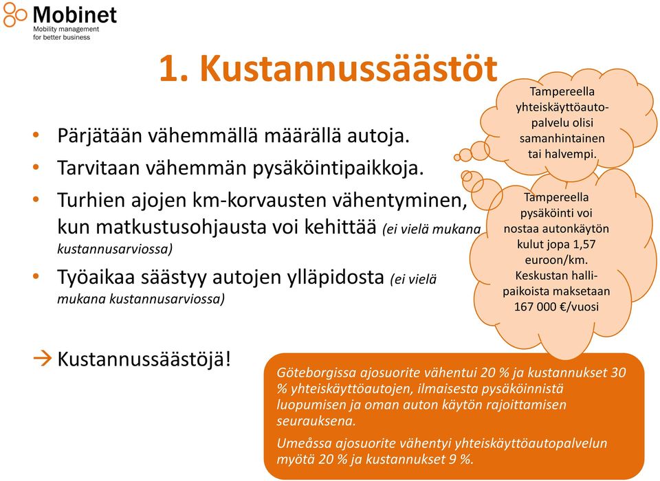 Tampereella yhteiskäyttöautopalvelu olisi samanhintainen tai halvempi. Tampereella pysäköinti voi nostaa autonkäytön kulut jopa 1,57 euroon/km.