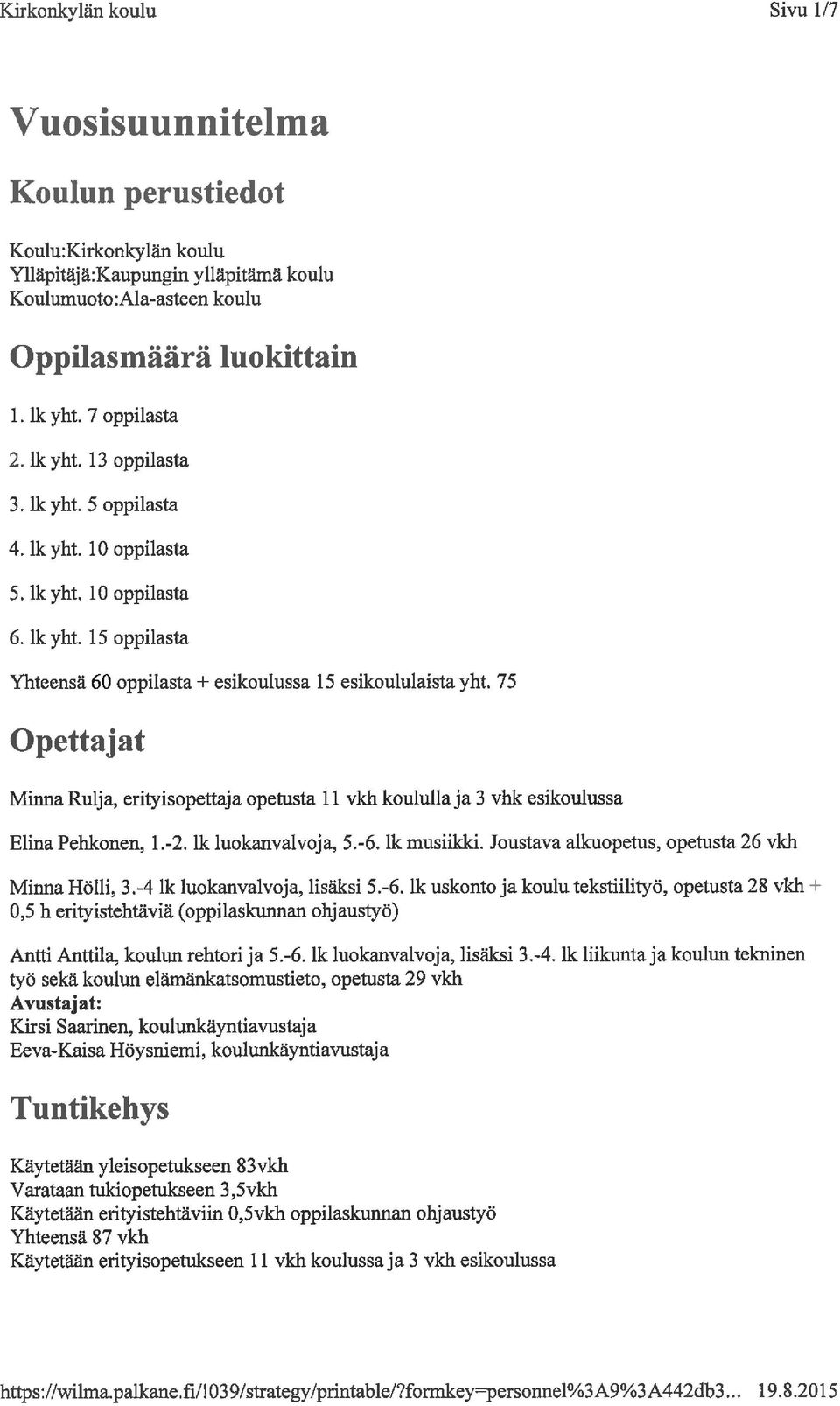 75 Opettajat Muma Ruija, erityisopettaja opetusta l l vkh koululla ja 3 vhk esikoulussa Elina Pehkonen, l.-2. lk luokanvalvoja, 5.-6. lk musiikki. Joustava alkuopetus, opetusta 26 vkh Minna Hälli, 3.