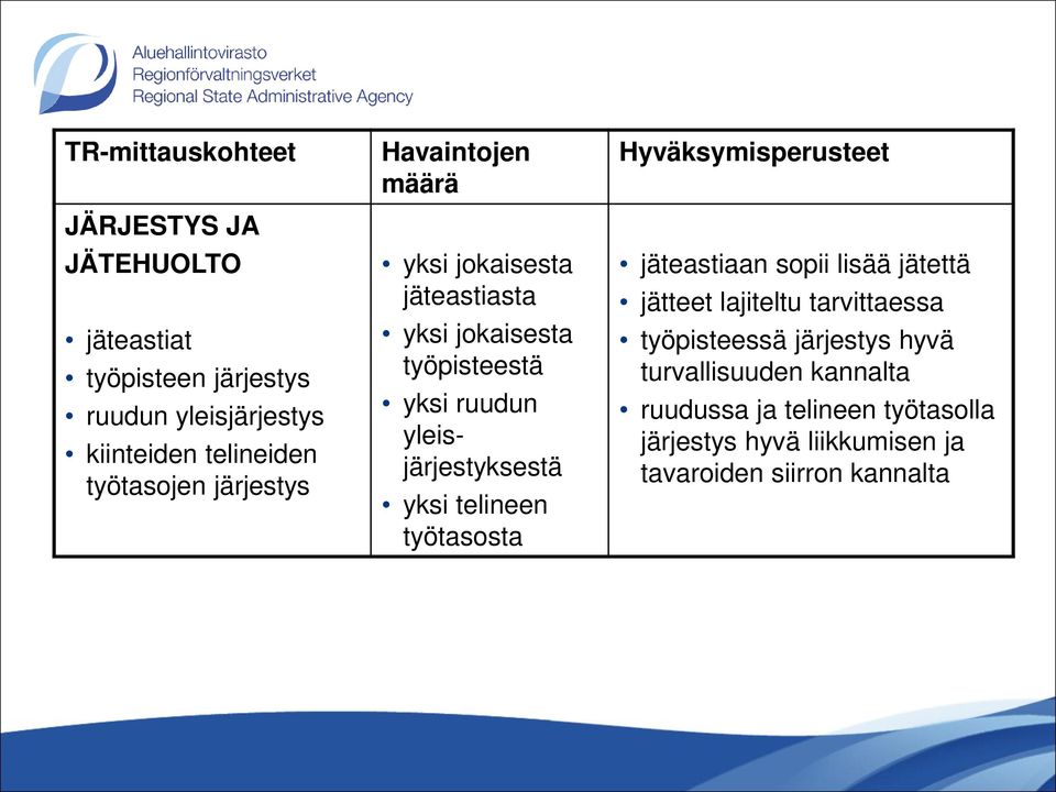 yleisjärjestyksestä yksi telineen työtasosta Hyväksymisperusteet jäteastiaan sopii lisää jätettä jätteet lajiteltu