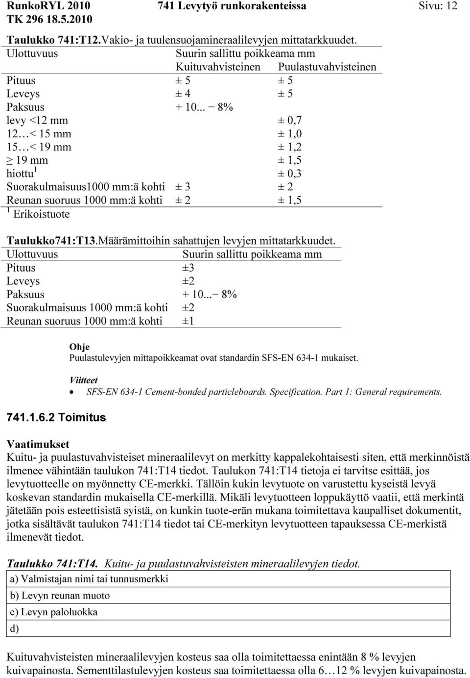 .. 8% levy <12 mm ± 0,7 12 < 15 mm ± 1,0 15 < 19 mm ± 1,2 19 mm ± 1,5 hiottu 1 ± 0,3 Suorakulmaisuus1000 mm:ä kohti ± 3 ± 2 Reunan suoruus 1000 mm:ä kohti ± 2 ± 1,5 1 Erikoistuote Taulukko741:T13.