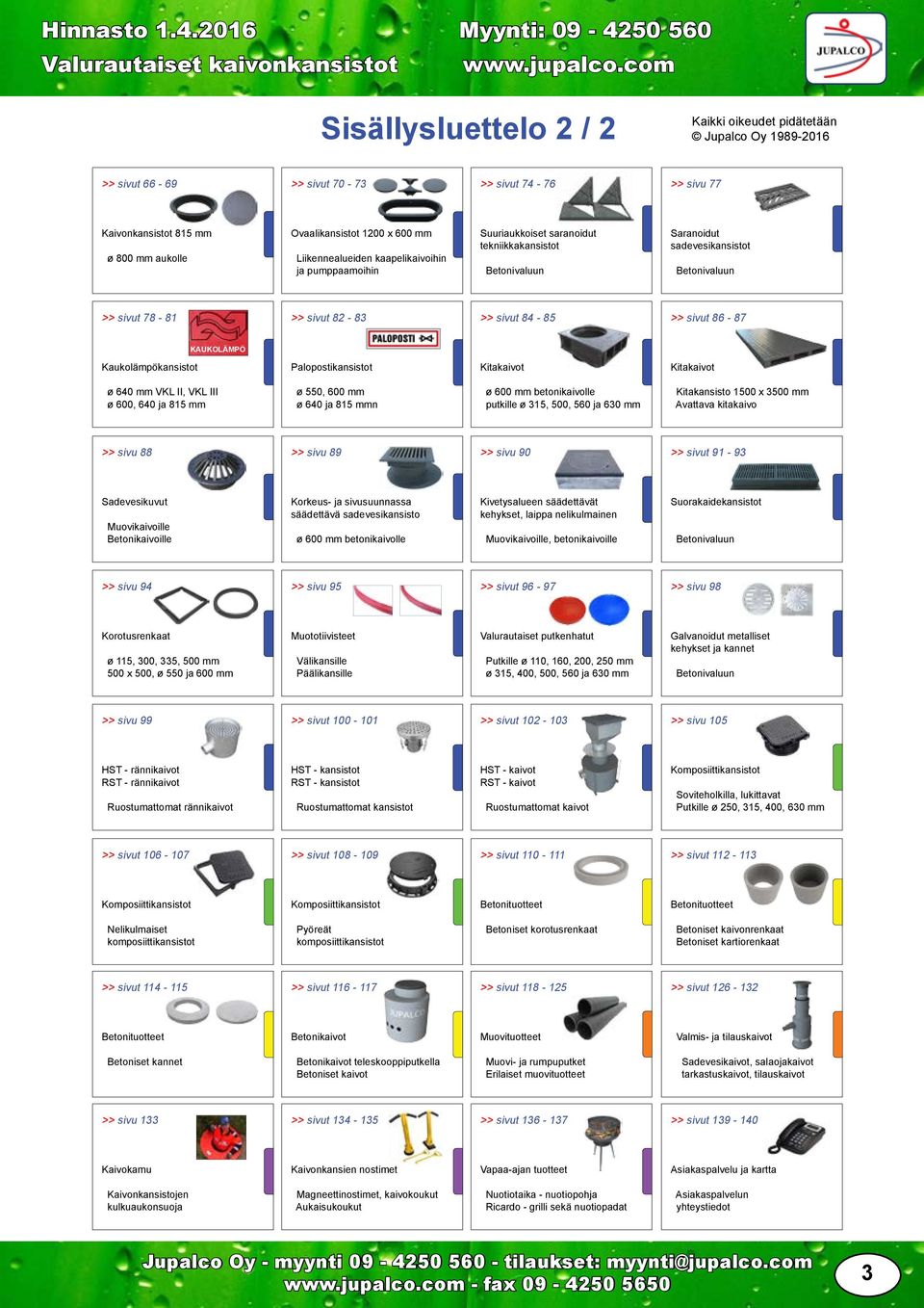 Kaukolämpökansistot Palopostikansistot Kitakaivot Kitakaivot ø 640 mm VKL II, VKL III ø 600, 640 ja 815 mm ø 550, 600 mm ø 640 ja 815 mmn ø 600 mm betonikaivolle putkille ø 315, 500, 560 ja 630 mm