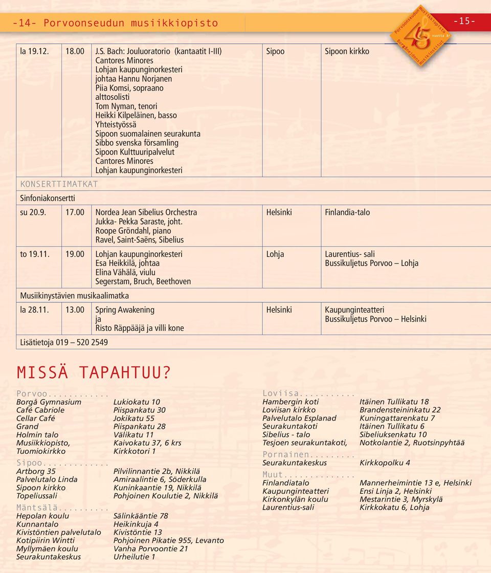 Sipoon suomalainen seurakunta Sibbo svenska församling Sipoon Kulttuuripalvelut Cantores Minores Lohjan kaupunginorkesteri KONSERTTIMATKAT Sinfoniakonsertti su 20.9. 17.