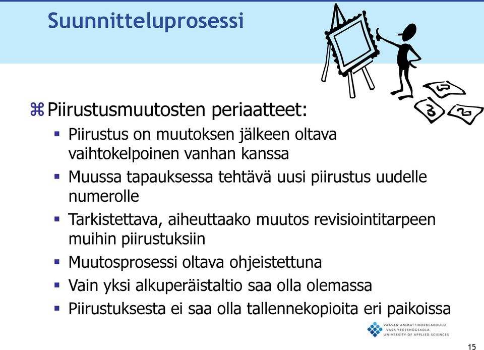 Tarkistettava, aiheuttaako muutos revisiointitarpeen muihin piirustuksiin Muutosprosessi oltava