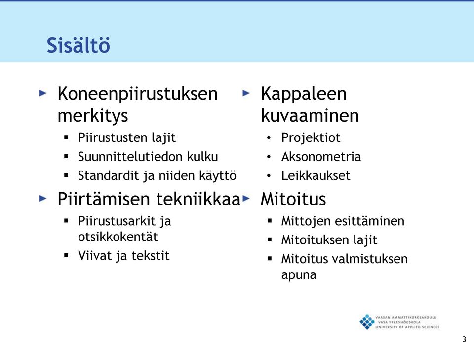 otsikkokentät Viivat ja tekstit Kappaleen kuvaaminen Projektiot Aksonometria