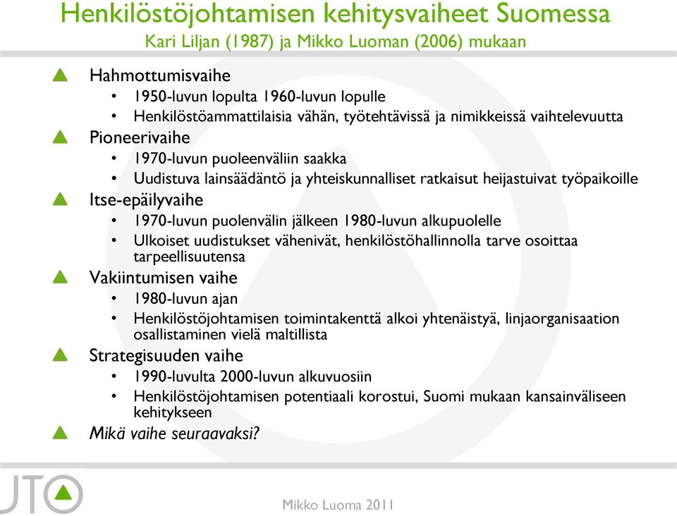 jälkeen 1980-luvun alkupuolelle Ulkoiset uudistukset vähenivät, henkilöstöhallinnolla tarve osoittaa tarpeellisuutensa Vakiintumisen vaihe 1980-luvun ajan Henkilöstöjohtamisen toimintakenttä alkoi