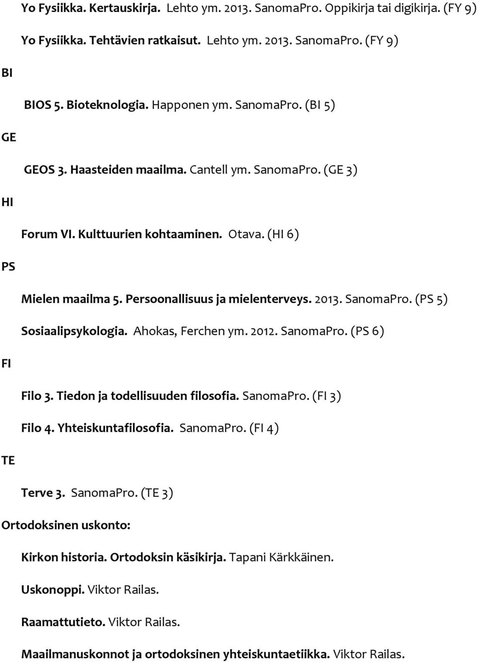SanomaPro. (PS 5) Sosiaalipsykologia. Ahokas, Ferchen ym. 2012. SanomaPro. (PS 6) FI Filo 3. Tiedon ja todellisuuden filosofia. SanomaPro. (FI 3) Filo 4. Yhteiskuntafilosofia. SanomaPro. (FI 4) TE Terve 3.