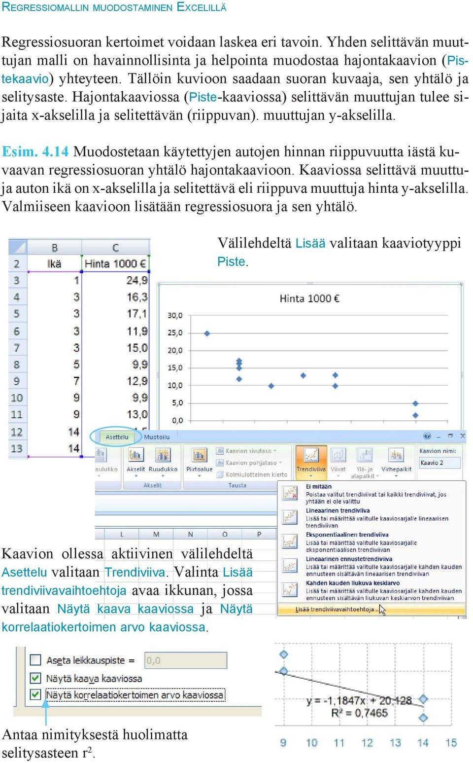 Hajontakaaviossa (Piste-kaaviossa) selittävän muuttujan tulee sijaita x-akselilla ja selitettävän (riippuvan). muuttujan y-akselilla. Esim. 4.