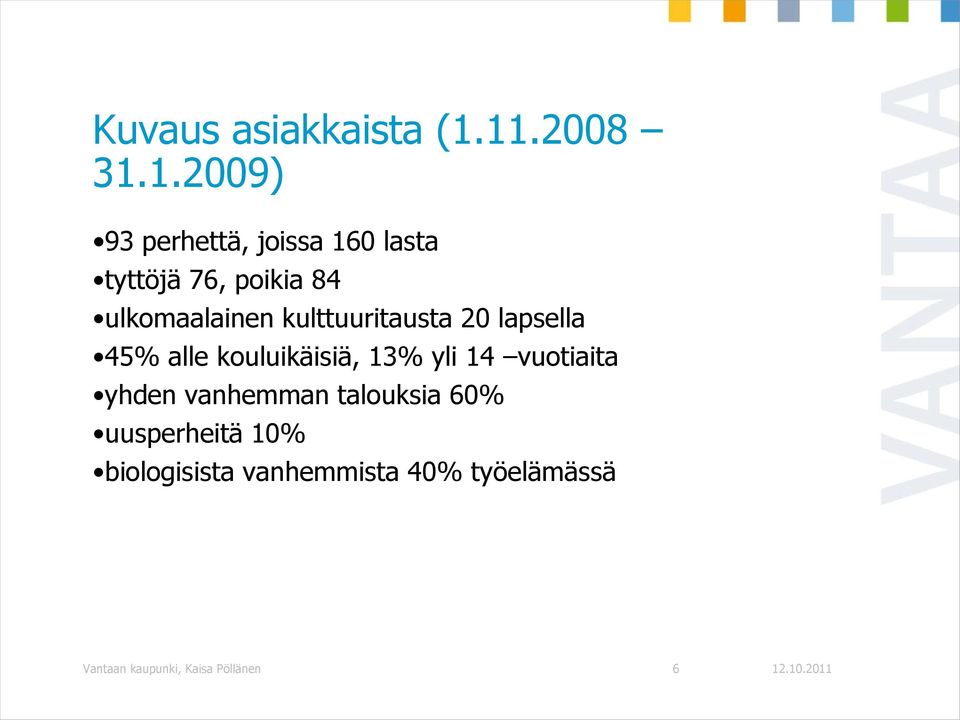 ulkomaalainen kulttuuritausta 20 lapsella 45% alle kouluikäisiä, 13% yli