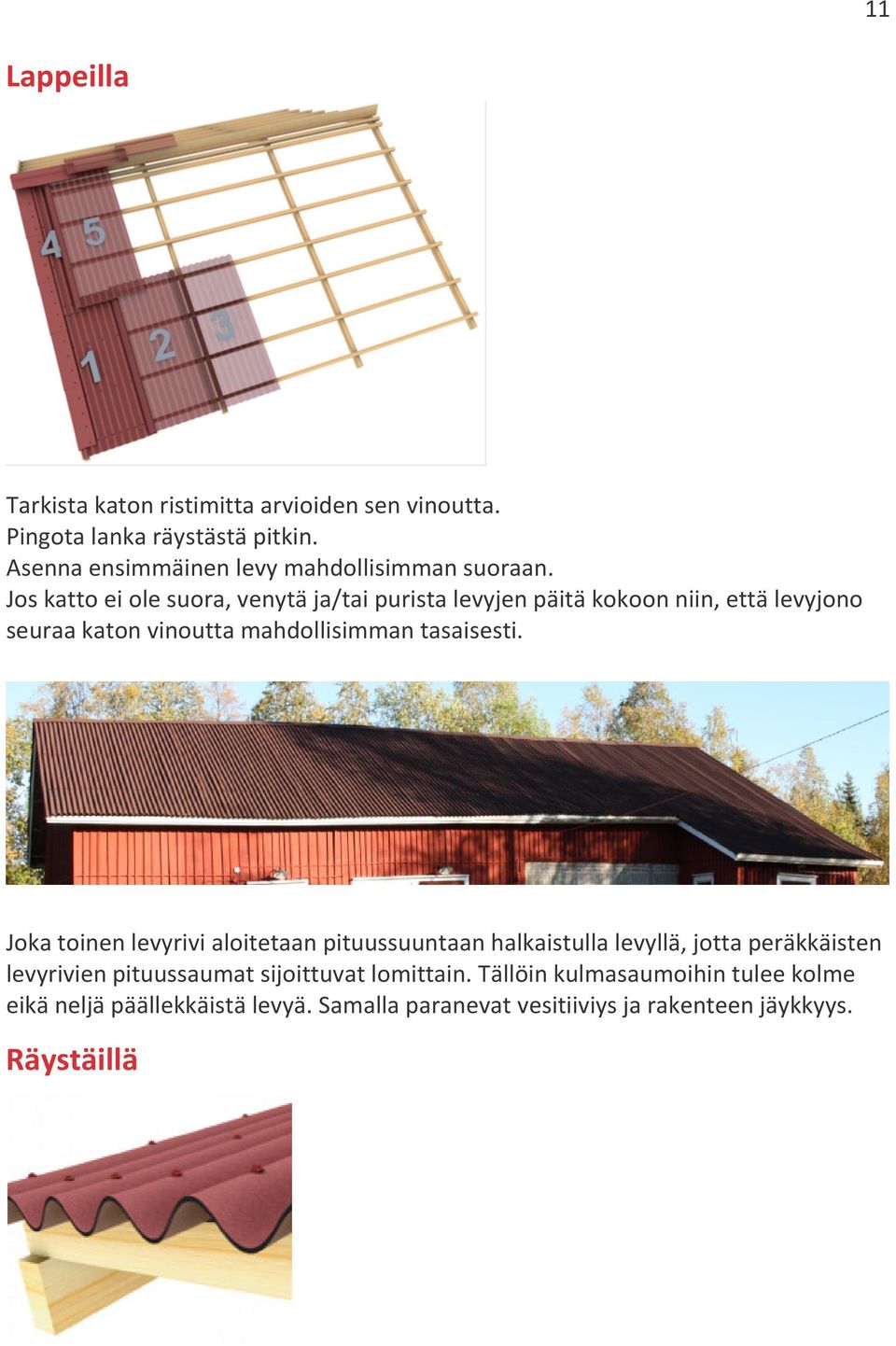 Jos katto ei ole suora, venytä ja/tai purista levyjen päitä kokoon niin, että levyjono seuraa katon vinoutta mahdollisimman tasaisesti.