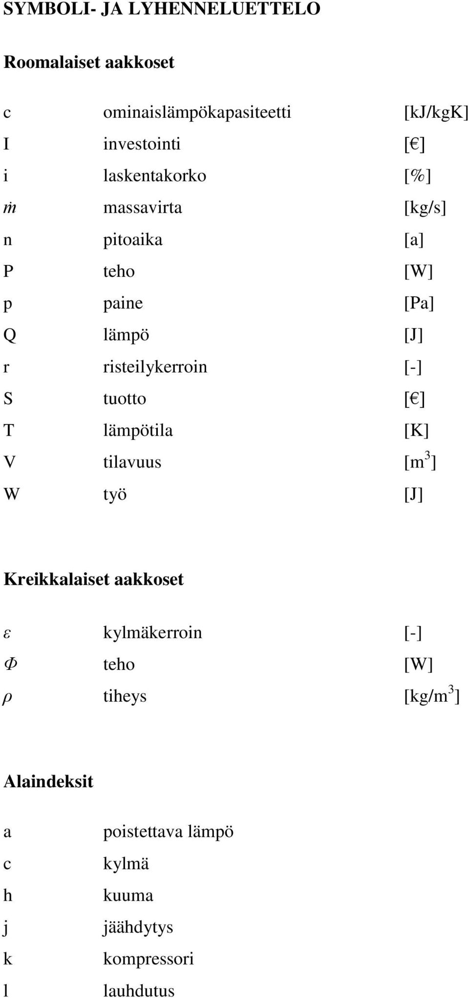 [-] S tuotto [ ] T lämpötila [K] V tilavuus [m 3 ] W työ [J] Kreikkalaiset aakkoset ε kylmäkerroin [-] Φ