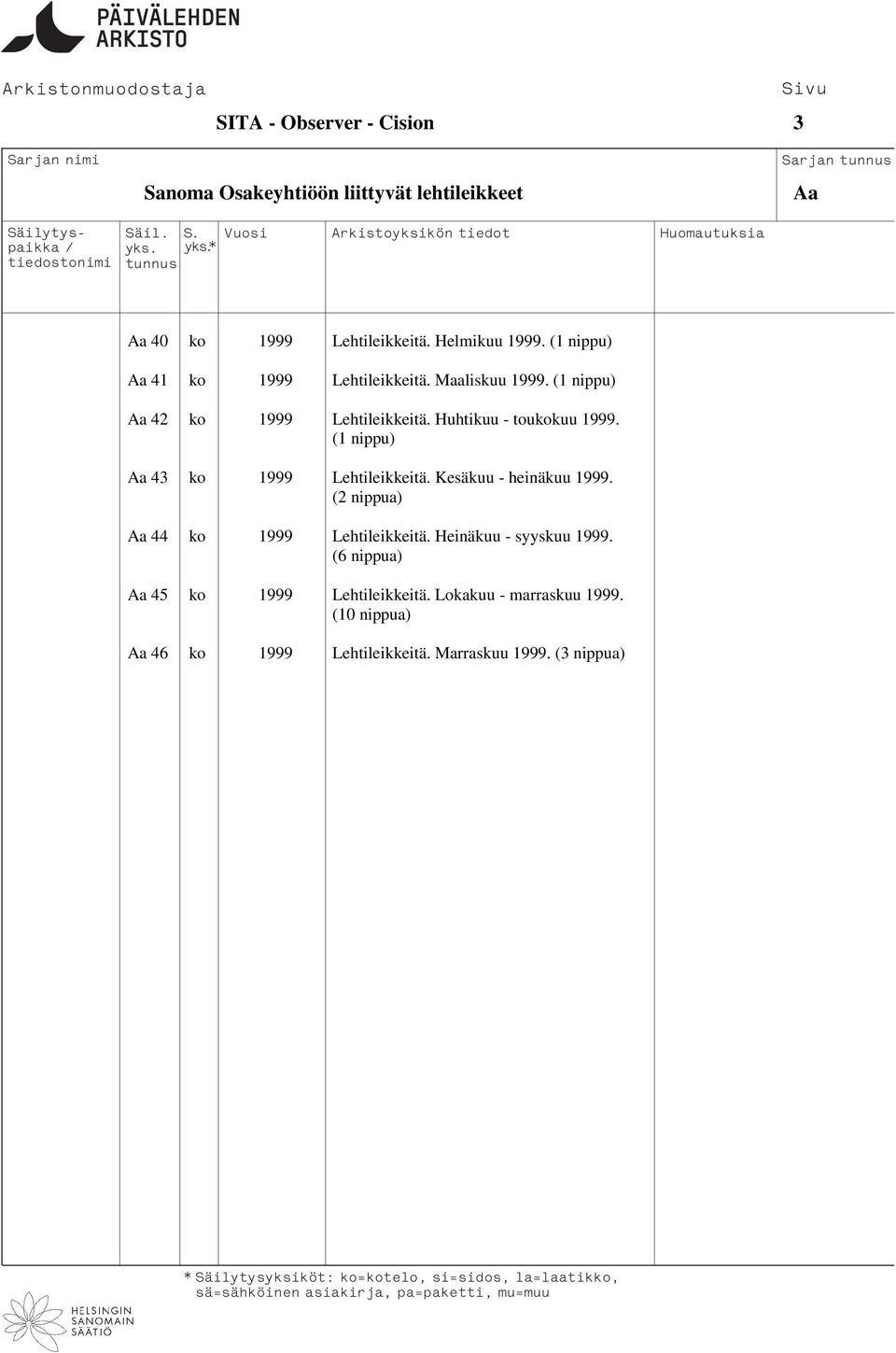 (1 nippu) Aa 43 ko 1999 Lehtileikkeitä. Kesäkuu - heinäkuu 1999. Aa 44 ko 1999 Lehtileikkeitä. Heinäkuu - syyskuu 1999.