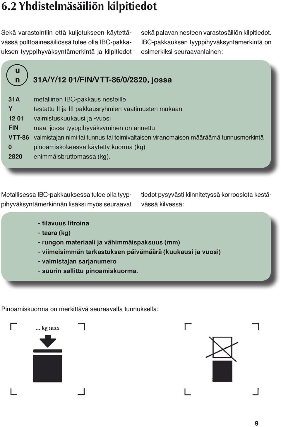 IBC-pakkauksen tyyppihyväksyntämerkintä on esimerkiksi seuraavanlainen: u n 31A/Y/12 01/FIN/VTT-86/0/2820, jossa 31A metallinen IBC-pakkaus nesteille Y testattu II ja III pakkausryhmien vaatimusten