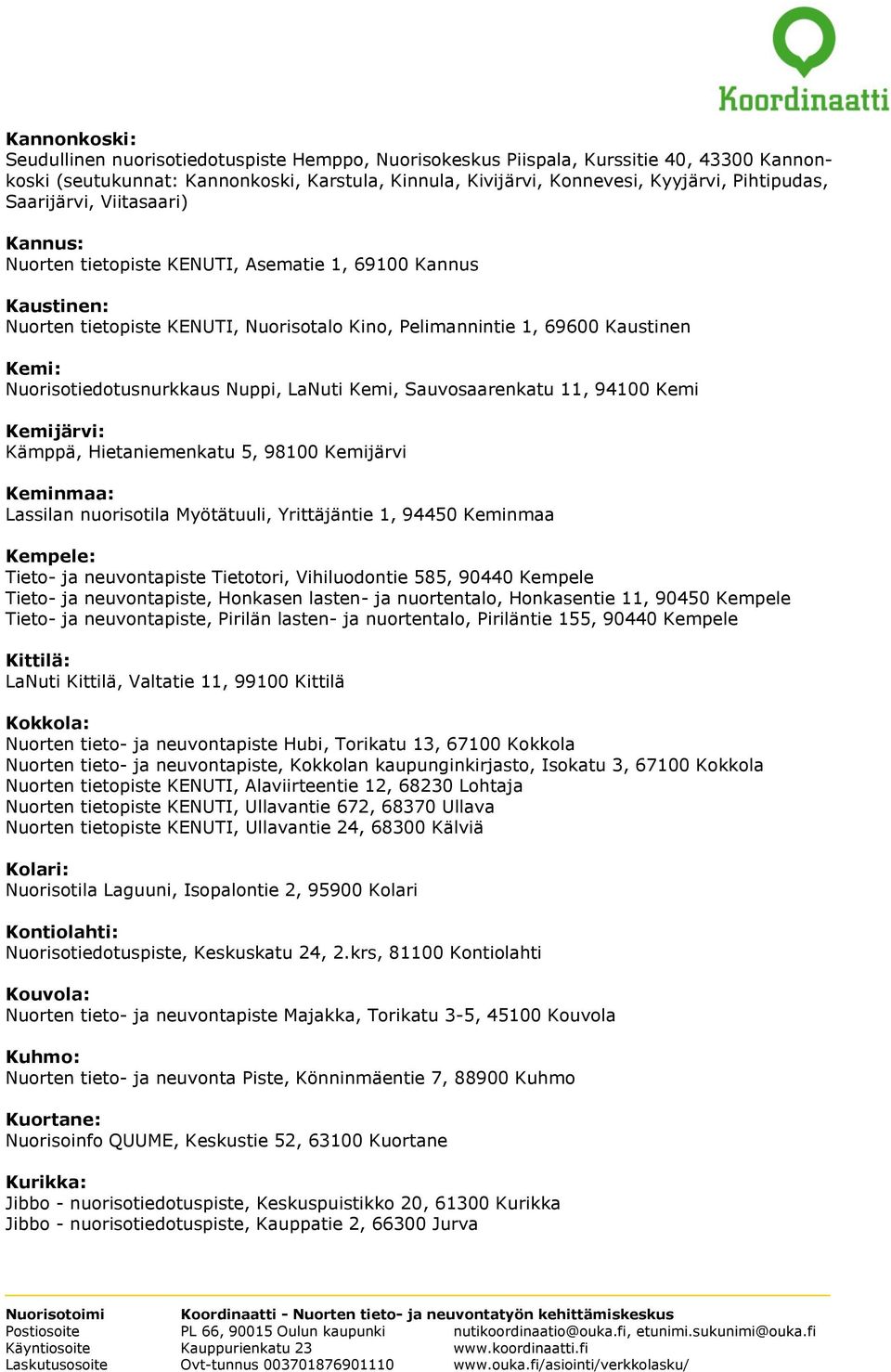 Nuorisotiedotusnurkkaus Nuppi, LaNuti Kemi, Sauvosaarenkatu 11, 94100 Kemi Kemijärvi: Kämppä, Hietaniemenkatu 5, 98100 Kemijärvi Keminmaa: Lassilan nuorisotila Myötätuuli, Yrittäjäntie 1, 94450