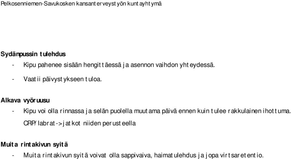 Alkava vyöruusu - Kipu voi olla rinnassa ja selän puolella muutama päivä ennen kuin tulee