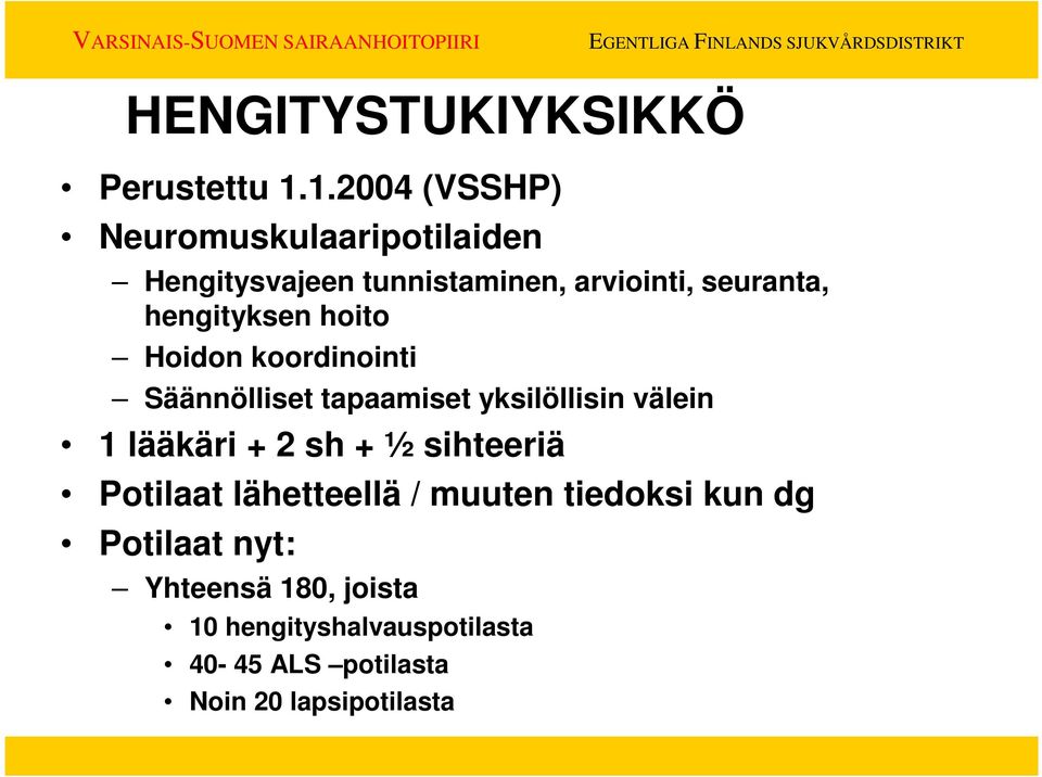 hengityksen hoito Hoidon koordinointi Säännölliset tapaamiset yksilöllisin välein 1 lääkäri + 2