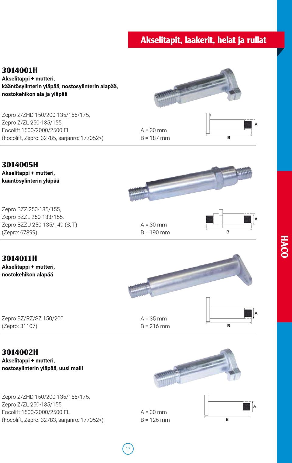 250-133/155, Zepro ZZU 250-135/149 (S, T) (Zepro: 67899) = 30 mm = 190 mm 3014011H kselitappi + mutteri, nostokehikon alapää HCO Zepro Z/RZ/SZ 150/200 (Zepro: 31107) = 35 mm = 216