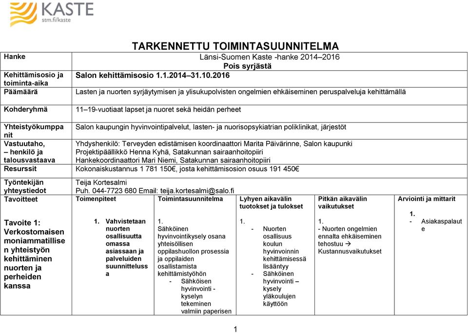 kaupungin hyvinvointipalvelut, lasten- ja nuorisopsykiatrian poliklinikat, järjestöt nit Vastuutaho, Yhdyshenkilö: Terveyden edistämisen koordinaattori Marita Päivärinne, Salon kaupunki henkilö ja