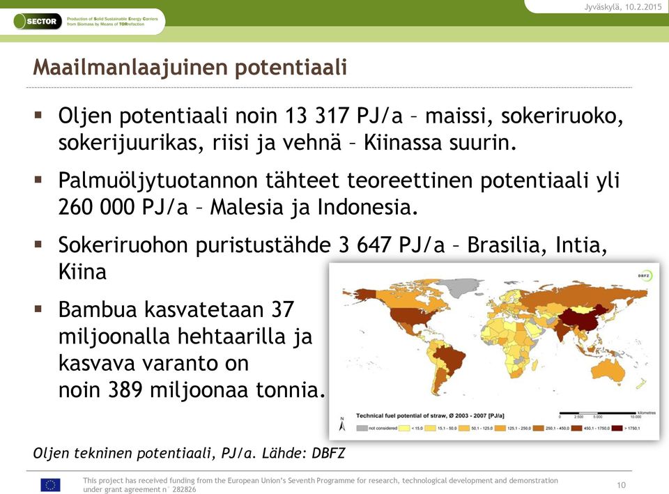 Palmuöljytuotannon tähteet teoreettinen potentiaali yli 260 000 PJ/a Malesia ja Indonesia.