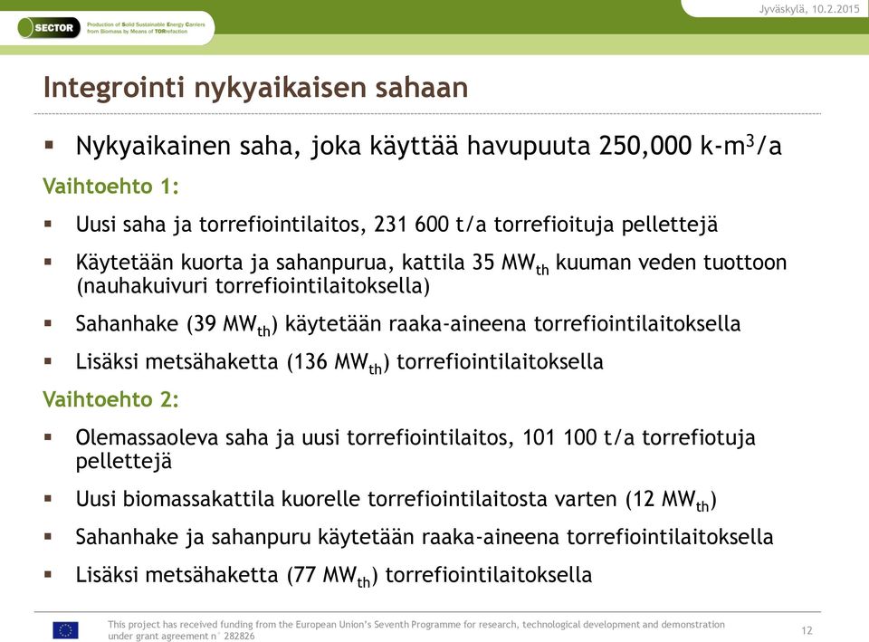 torrefiointilaitoksella Lisäksi metsähaketta (136 MW th ) torrefiointilaitoksella Vaihtoehto 2: Olemassaoleva saha ja uusi torrefiointilaitos, 101 100 t/a torrefiotuja