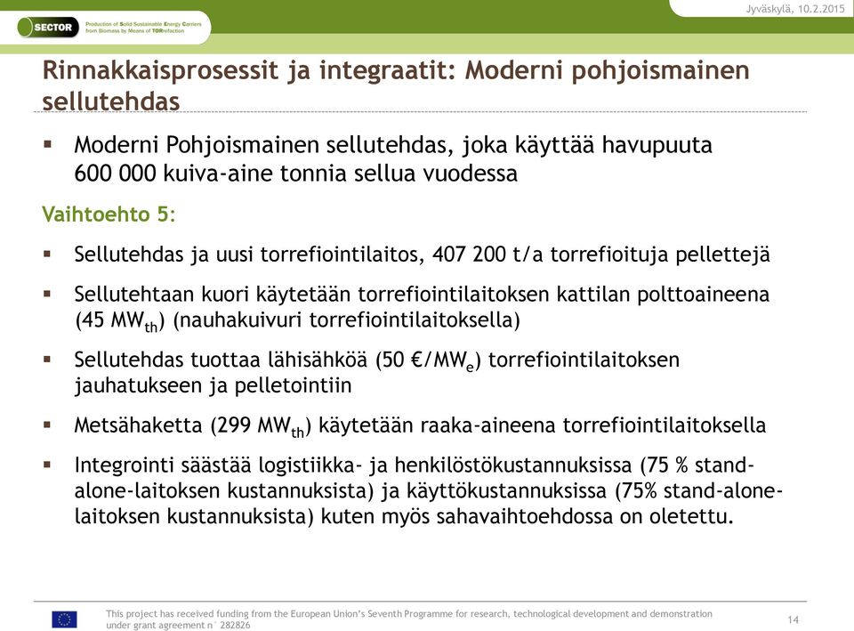 torrefiointilaitoksella) Sellutehdas tuottaa lähisähköä (50 /MW e ) torrefiointilaitoksen jauhatukseen ja pelletointiin Metsähaketta (299 MW th ) käytetään raaka-aineena