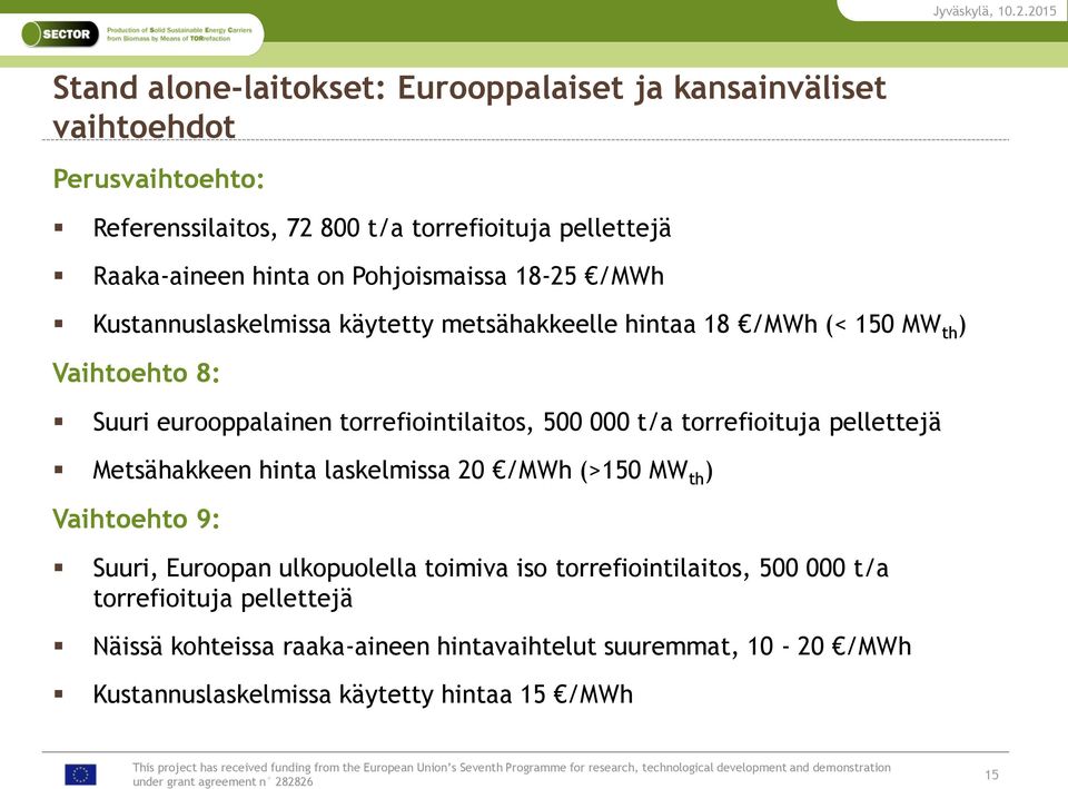 500 000 t/a torrefioituja pellettejä Metsähakkeen hinta laskelmissa 20 /MWh (>150 MW th ) Vaihtoehto 9: Suuri, Euroopan ulkopuolella toimiva iso