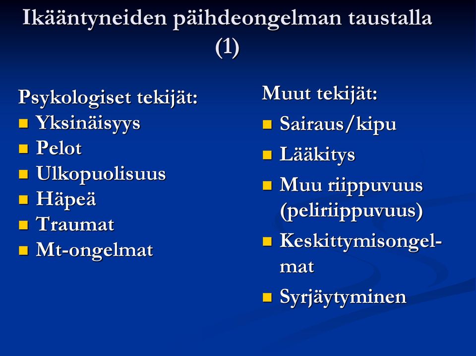 Mt-ongelmat Muut tekijät: Sairaus/kipu Lääkitys Muu
