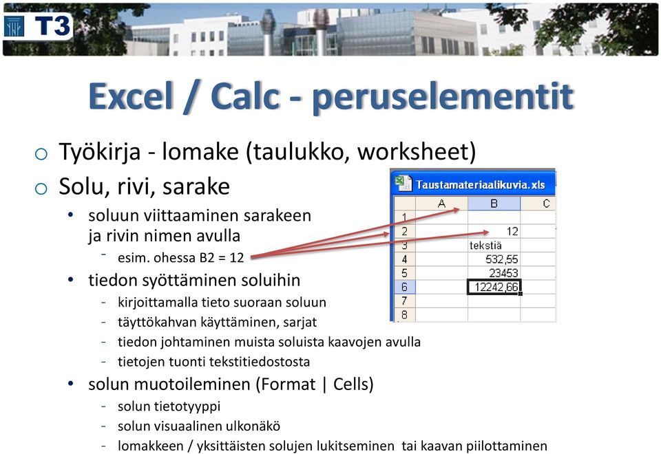 ohessa B2 = 12 tiedon syöttäminen soluihin kirjoittamalla tieto suoraan soluun täyttökahvan käyttäminen, sarjat tiedon