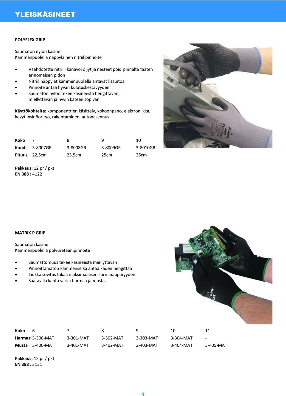 Käyttökohteita: komponenttien käsittely, kokoonpano, elektroniikka, kevyt insinöörityö, rakentaminen, autonasennus Koko 7 8 9 10 Koodi 3-8007GR 3-8008GR 3-8009GR 3-8010GR Pituus 22,5cm 23,5cm 25cm
